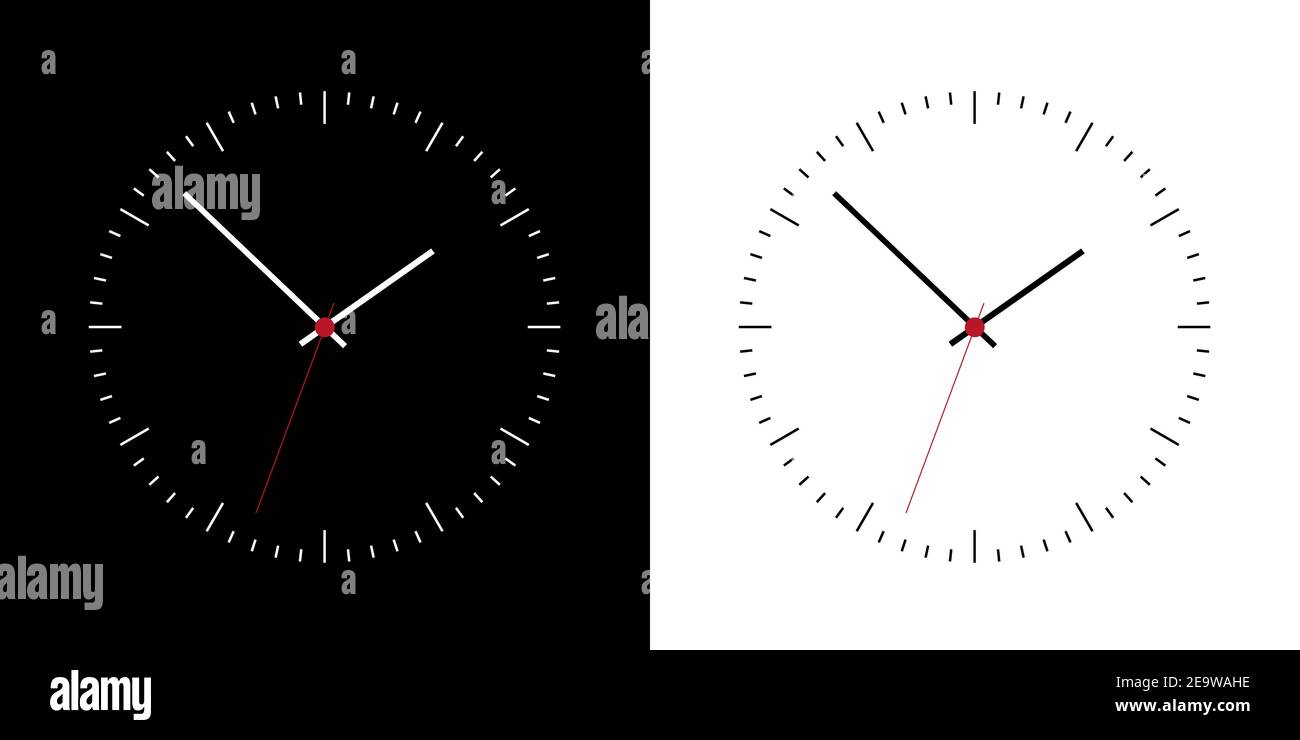 Flat design clock face with hands. Set of watches on a black and white
