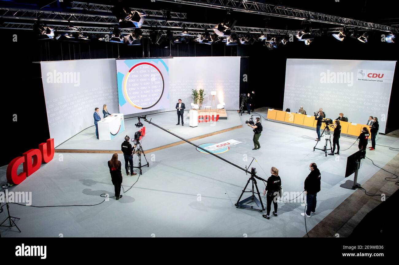 Hildesheim, Germany. 06th Feb, 2021. Christian Meyer (M), state director of  the CDU Lower Saxony, speaks in a TV studio during the state party  conference. Due to the Corona pandemic, the state