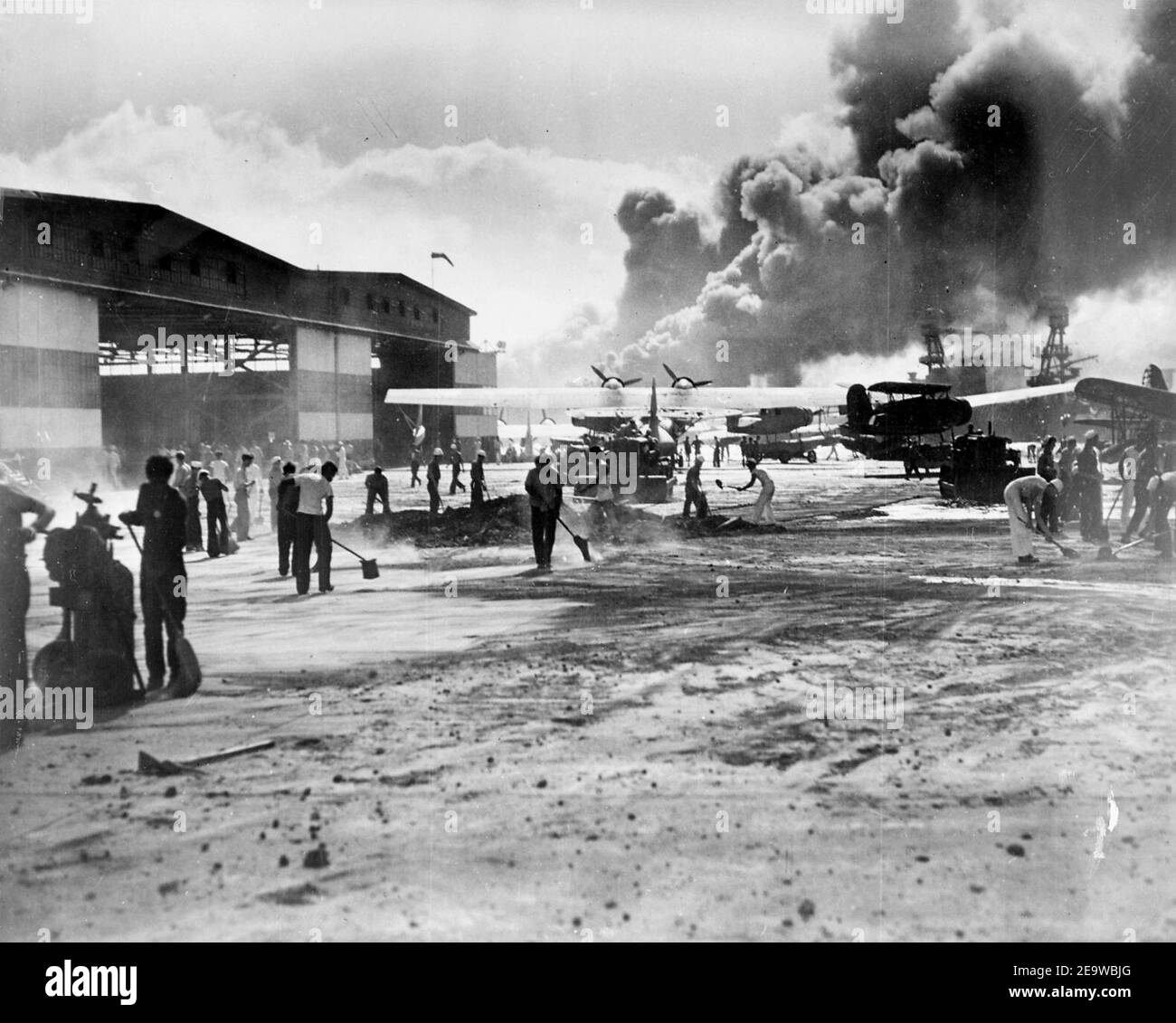 NAS Ford Island apron with planes during attack 1941. Stock Photo