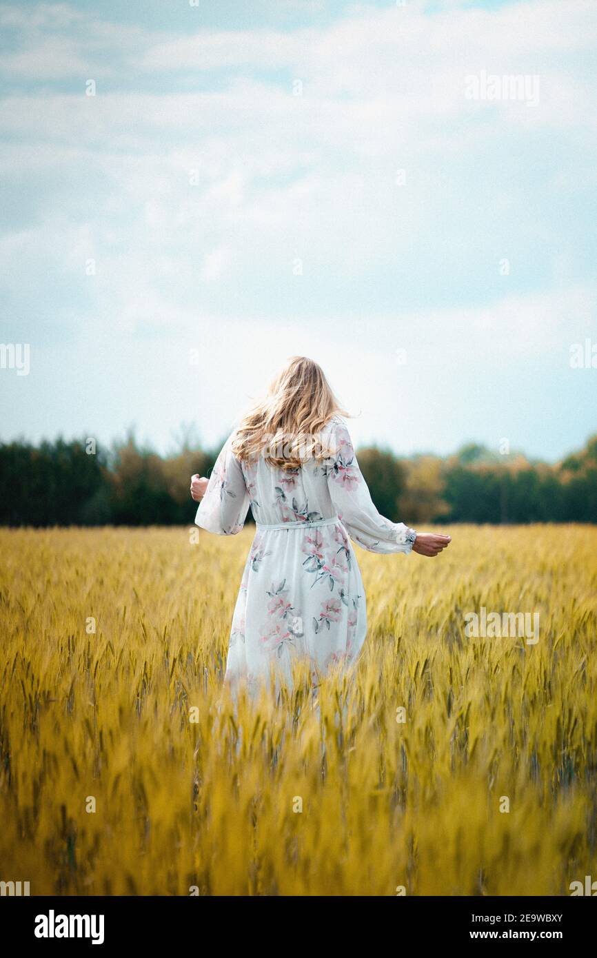 Young female in a long white dress walking in a field of wheat at ...