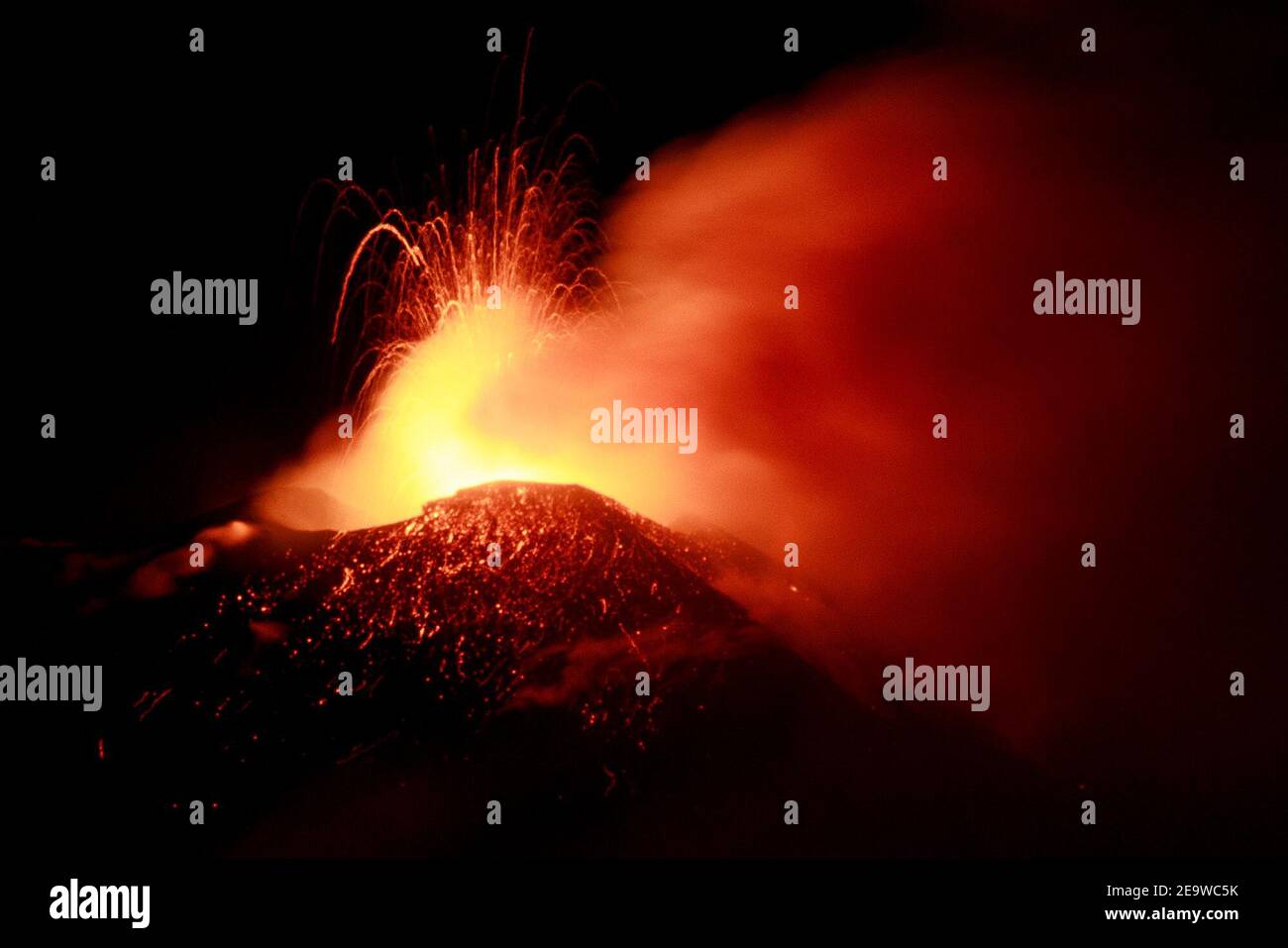 Zafferana Etnea, Italy. 05th Feb, 2021. 2/5/2021 - Fornazzo (Ct) An intense Strombolian activity continues from various mouths present at the bottom of the Bocca Nuova Crater, with the launch of material that even goes beyond the crater rim. Strombolian and effusive activity is observed at the Voragine Crater feeding a small intra-crater lava flow directed towards Bocca Nuova. The intra-crater explosive activity at the Northeast Crater also continues. Editorial Usage Only (Photo by IPA/Sipa USA) Credit: Sipa USA/Alamy Live News Stock Photo