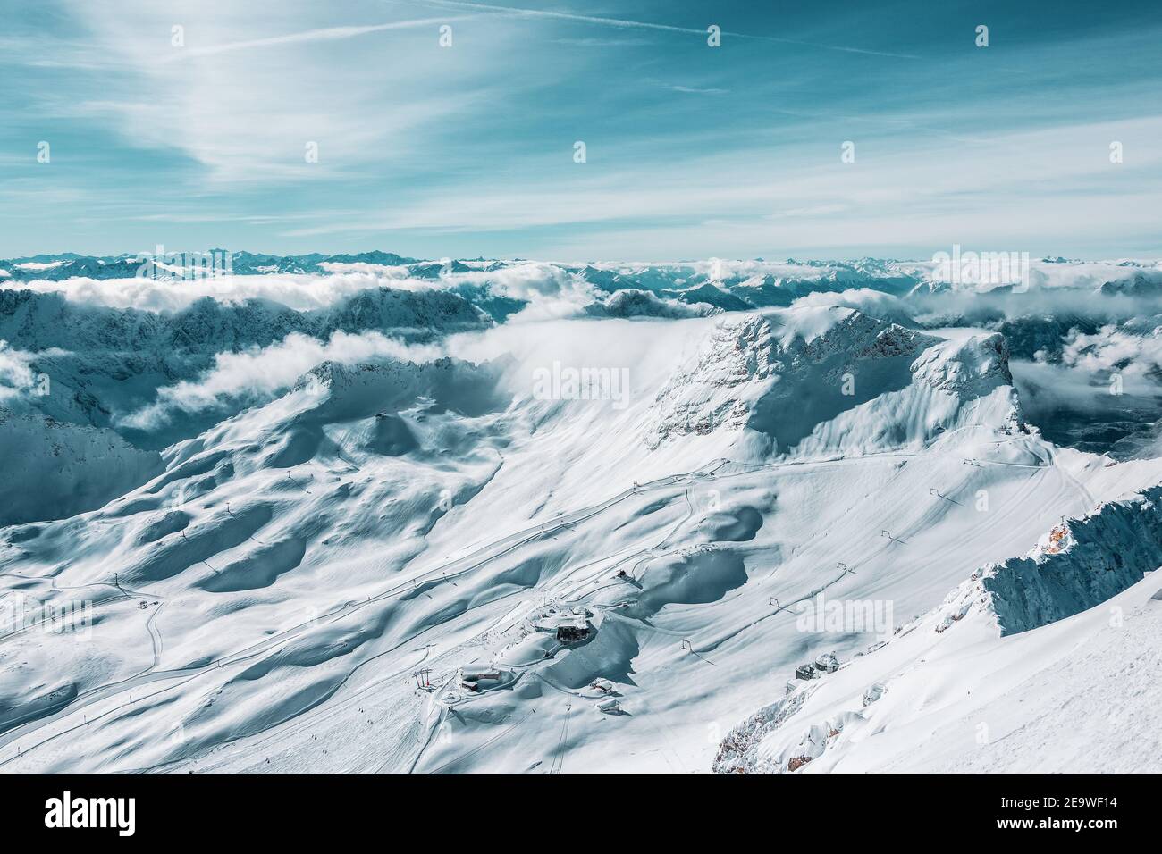 Mountain panorama from the viewing platform on the Zugspitze. German and Austrian ski areas. Stock Photo