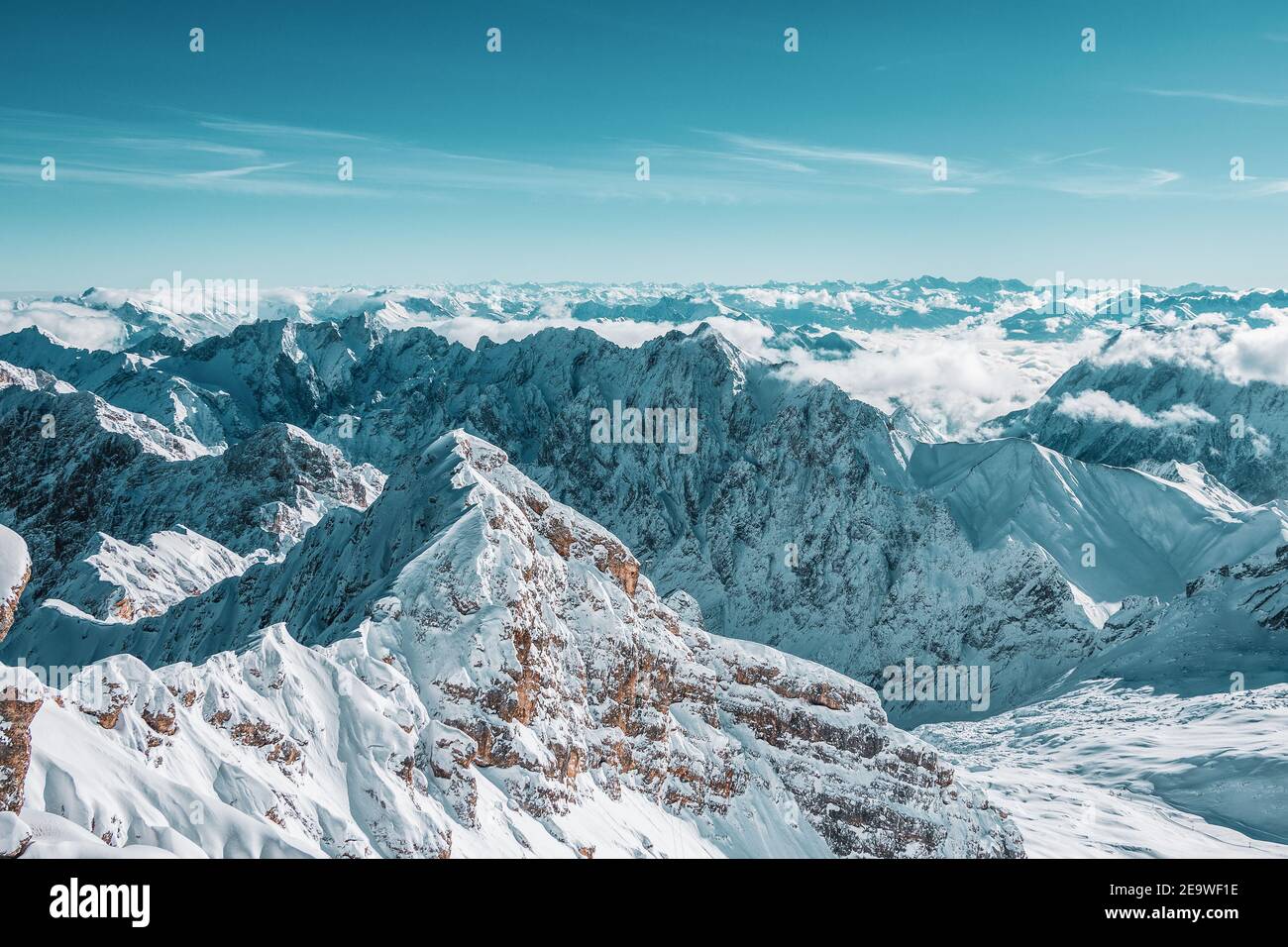 Mountain panorama from the viewing platform on the Zugspitze. German and Austrian ski areas. Stock Photo