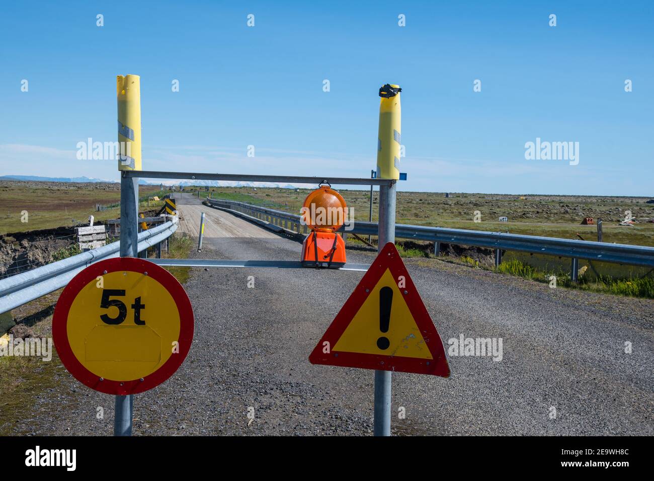 warning signs telling that the bridge ahead only can hold 5 tons at the bridge over river Eldvotn in south Iceland Stock Photo