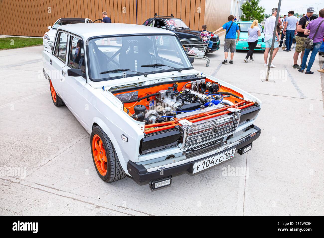 Samara, Russia - May 19, 2018: Russian automobile Lada-2107 with tuned turbo car engine, under the hood of a vehicle Stock Photo