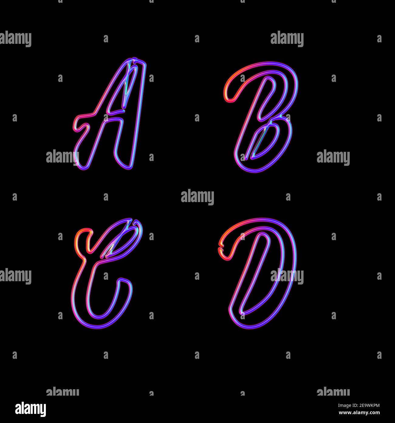 3D rendering of glowing neon capital letters - letters A-D Stock Photo
