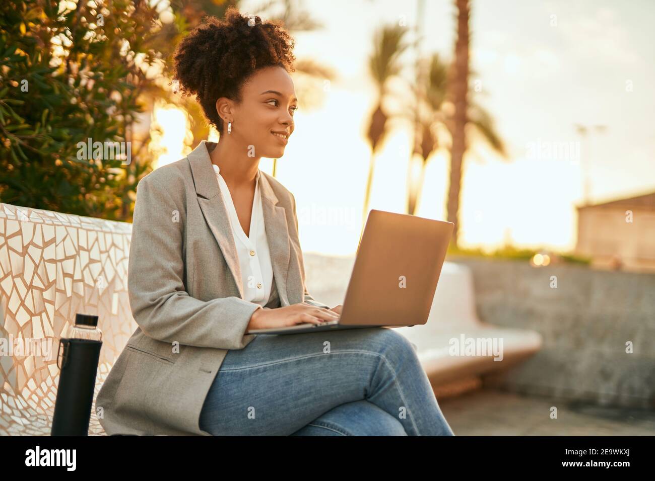 Young african american businesswoman working using laptop sitting on ...