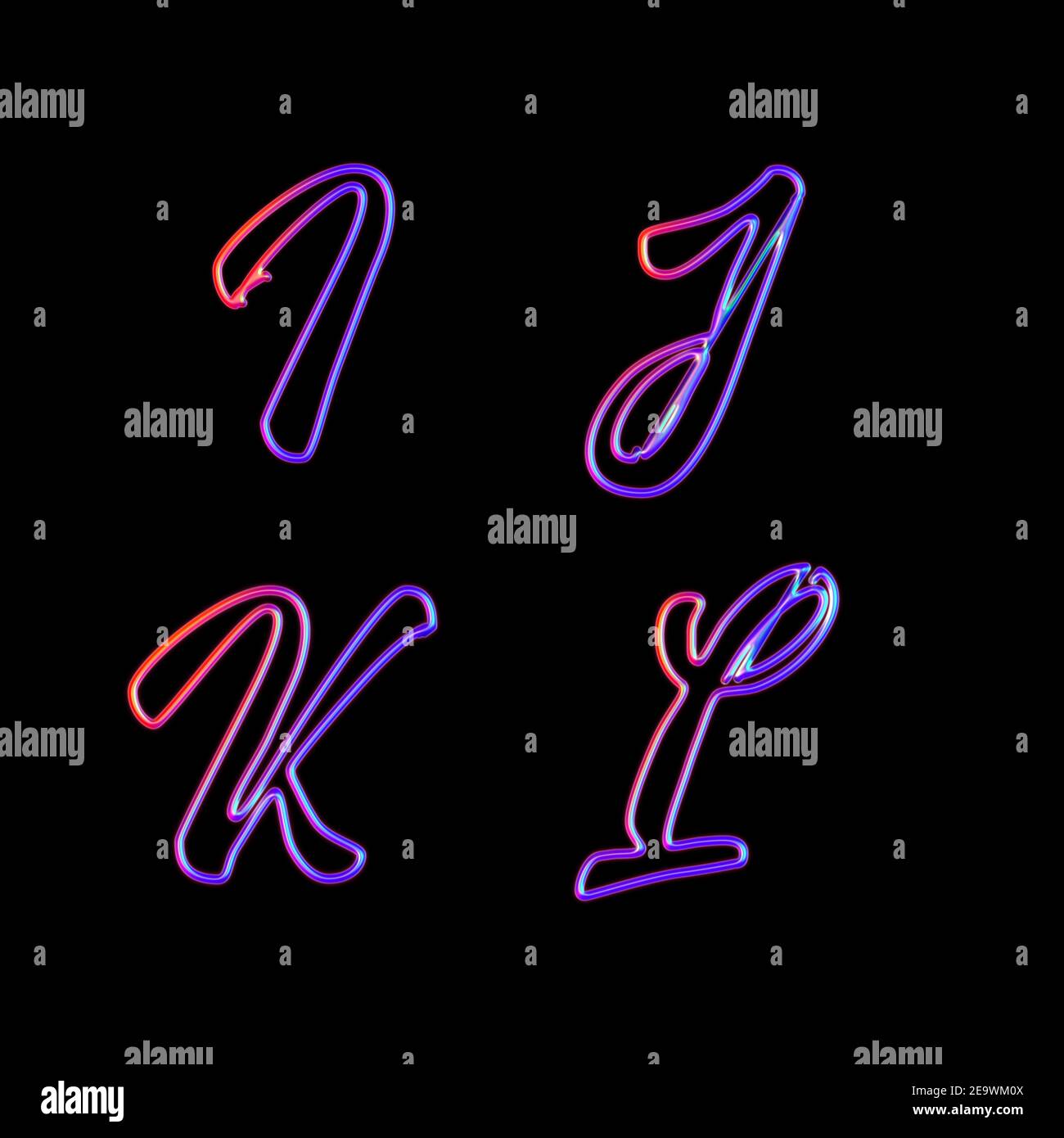 3D rendering of glowing neon capital letters - letters I-L Stock Photo