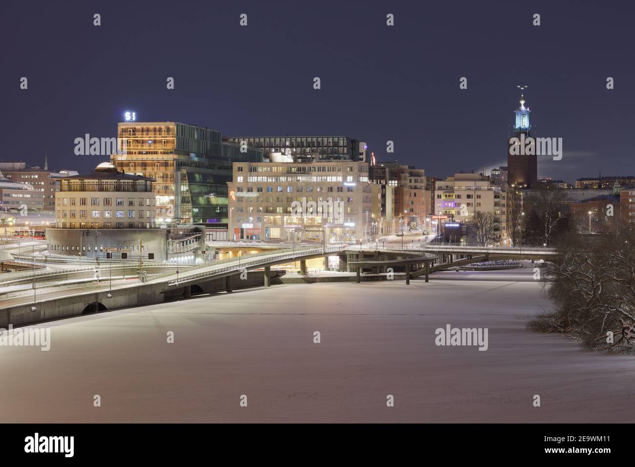 Snowy winter Stockholm, Sweden, from Barnhusbron bridge, at night Stock Photo