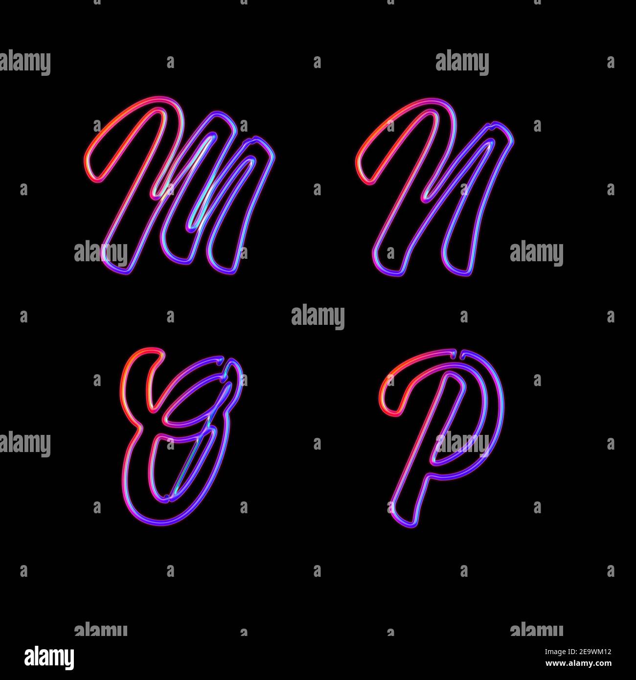 3D rendering of glowing neon capital letters - letters M-P Stock Photo