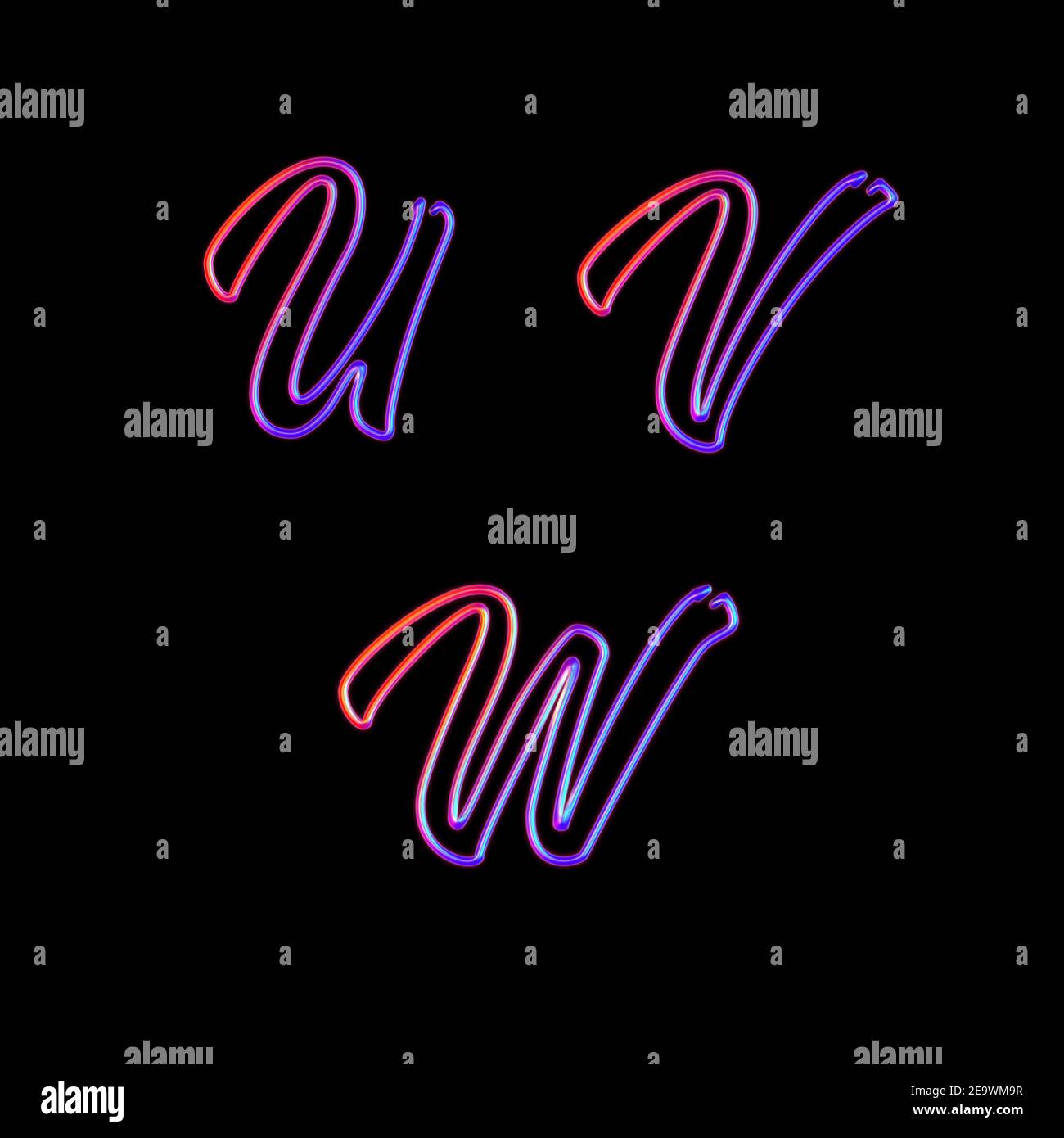 3D rendering of glowing neon capital letters - letters U-W Stock Photo