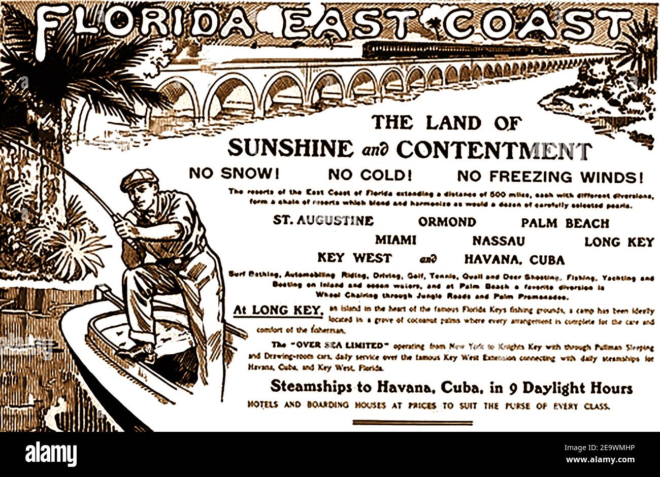 1909 BUFFALO LOCAL NEWSPAPER ADVERTISEMENT TO TOURISTS FOR LOCALS TO VISIT THE FLORIDA EAST COAST. Stock Photo