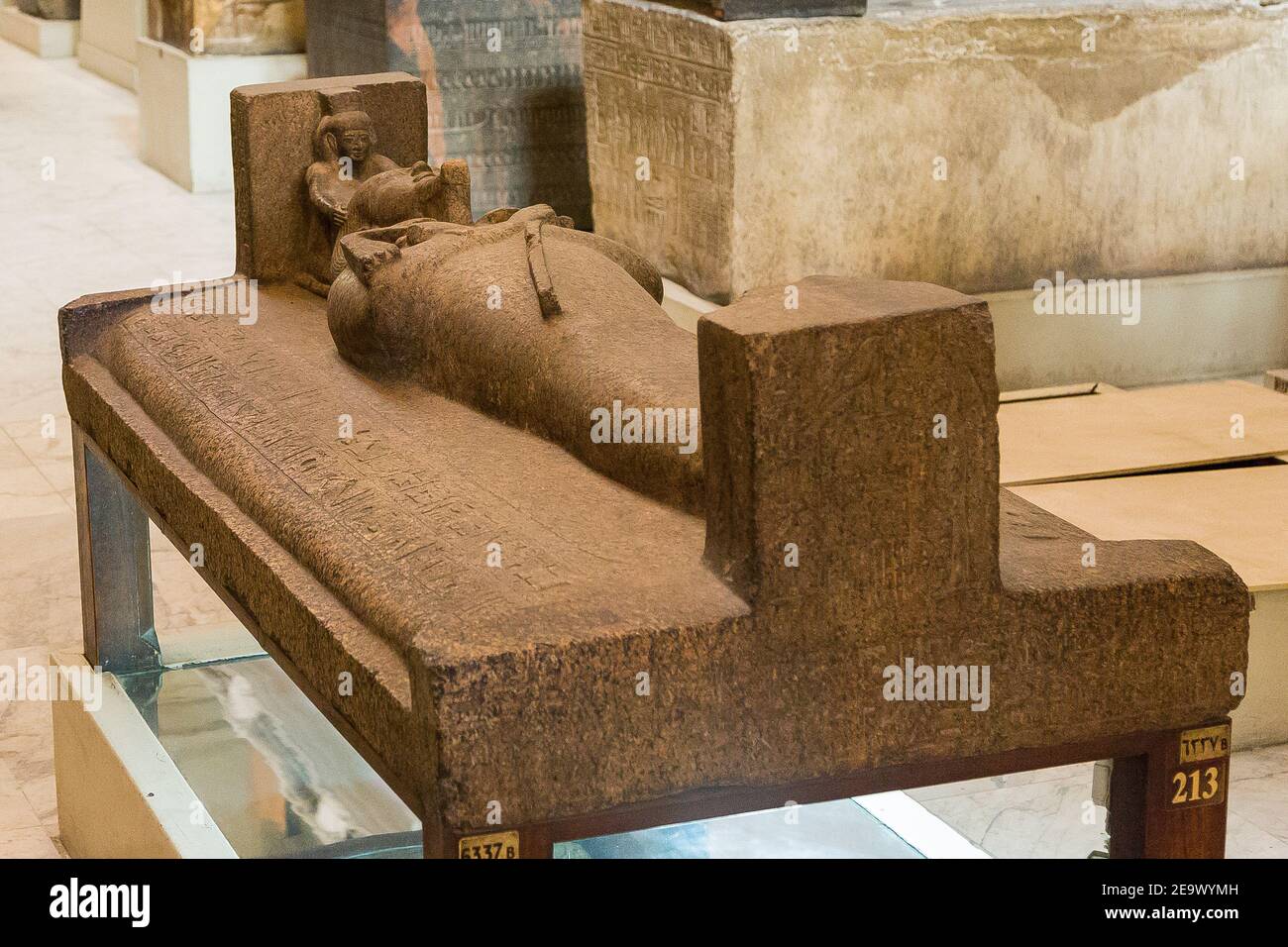 Egypt, Cairo, Egyptian Museum, granite outer sarcophagus of king Psusennes I, reused from king Merenptah. Found in the royal necropolis of Tanis. Stock Photo