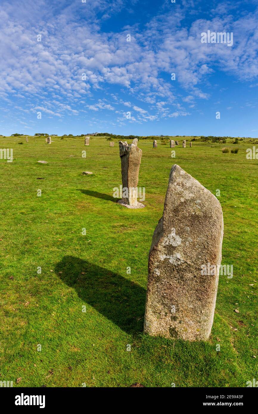 Bronze age standing stones at Minions on Bodmin Moor, Cornwall, England Stock Photo