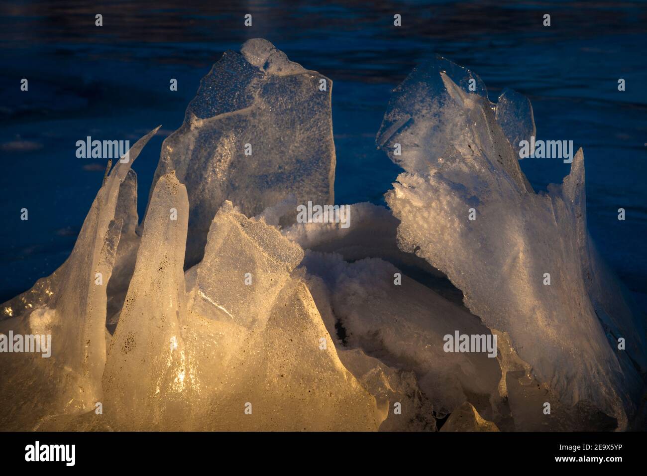 Ice formations at sunrise, at Kureskjæret by the Oslofjord, Moss kommune, Østfold, Norway Stock Photo