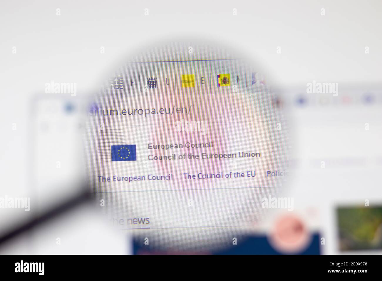 Los Angeles, USA - 1 February 2021: Council of European Union website page. Consilium.europa.eu logo on display screen, Illustrative Editorial Stock Photo