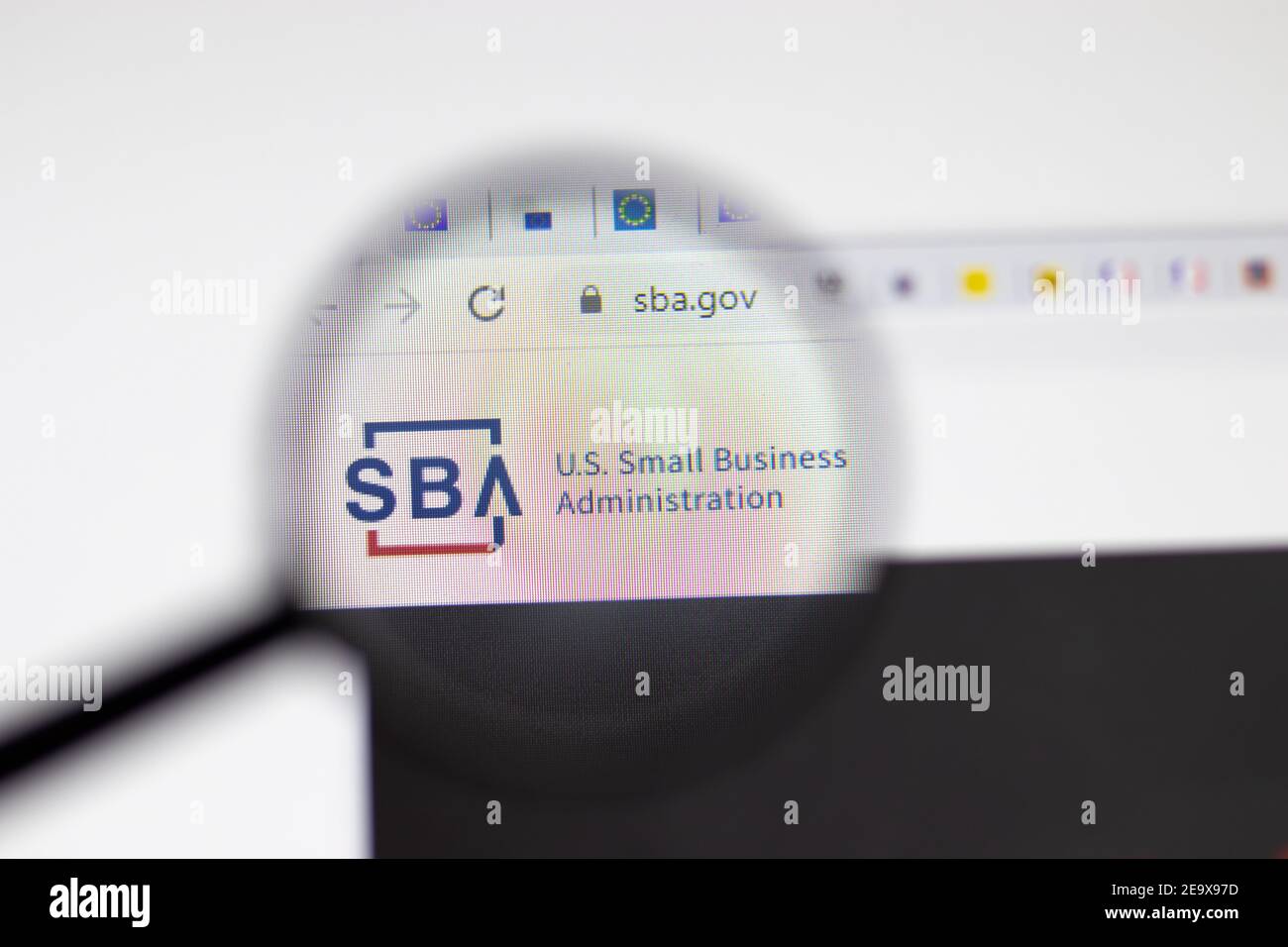 Los Angeles, USA - 1 February 2021: US Small Business Administration SBA website page. Sba.gov logo on display screen, Illustrative Editorial Stock Photo