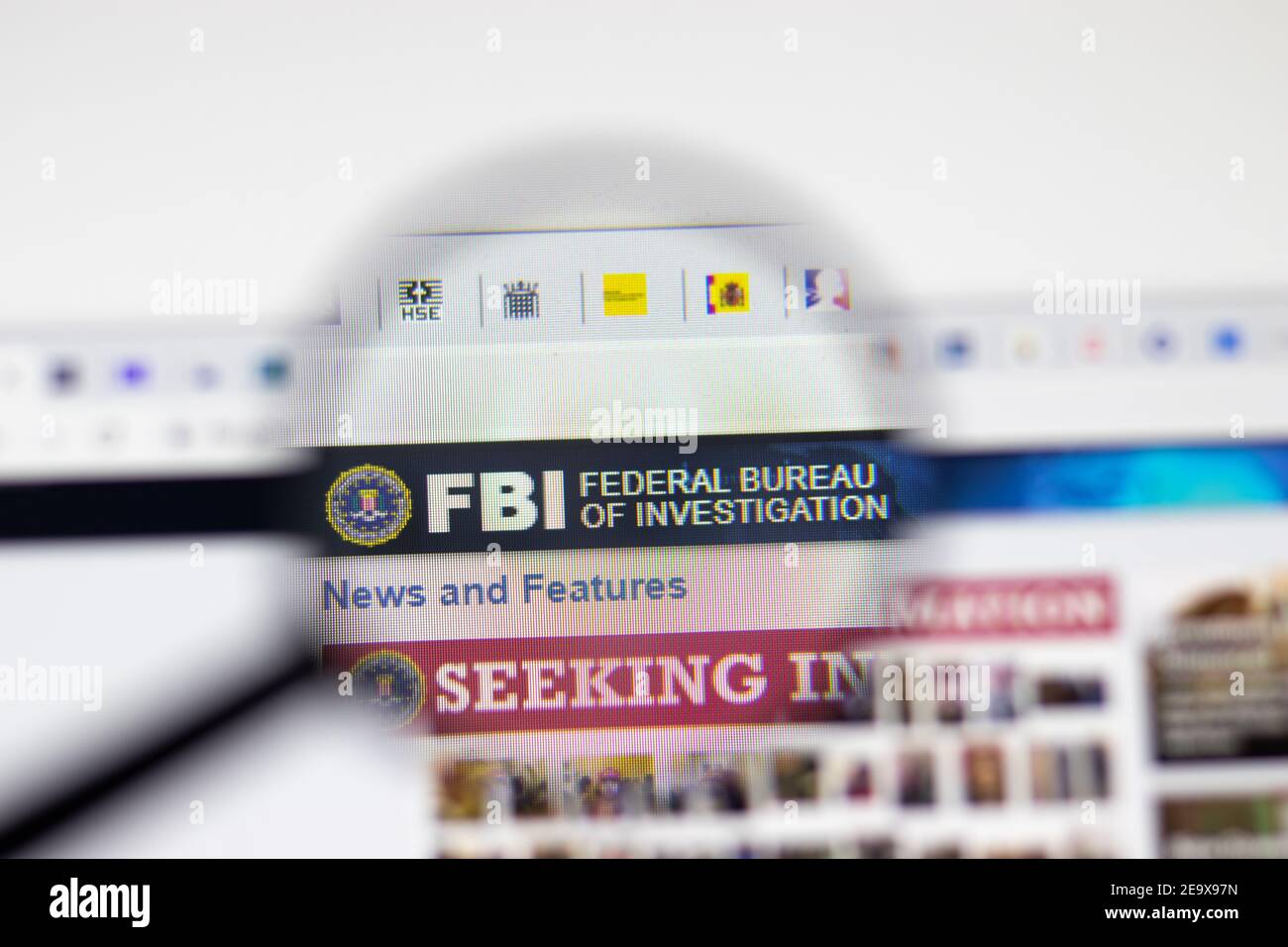 Los Angeles, USA - 1 February 2021: FBI Federal Bureau of Investigation website page. Fbi.gov logo on display screen, Illustrative Editorial Stock Photo