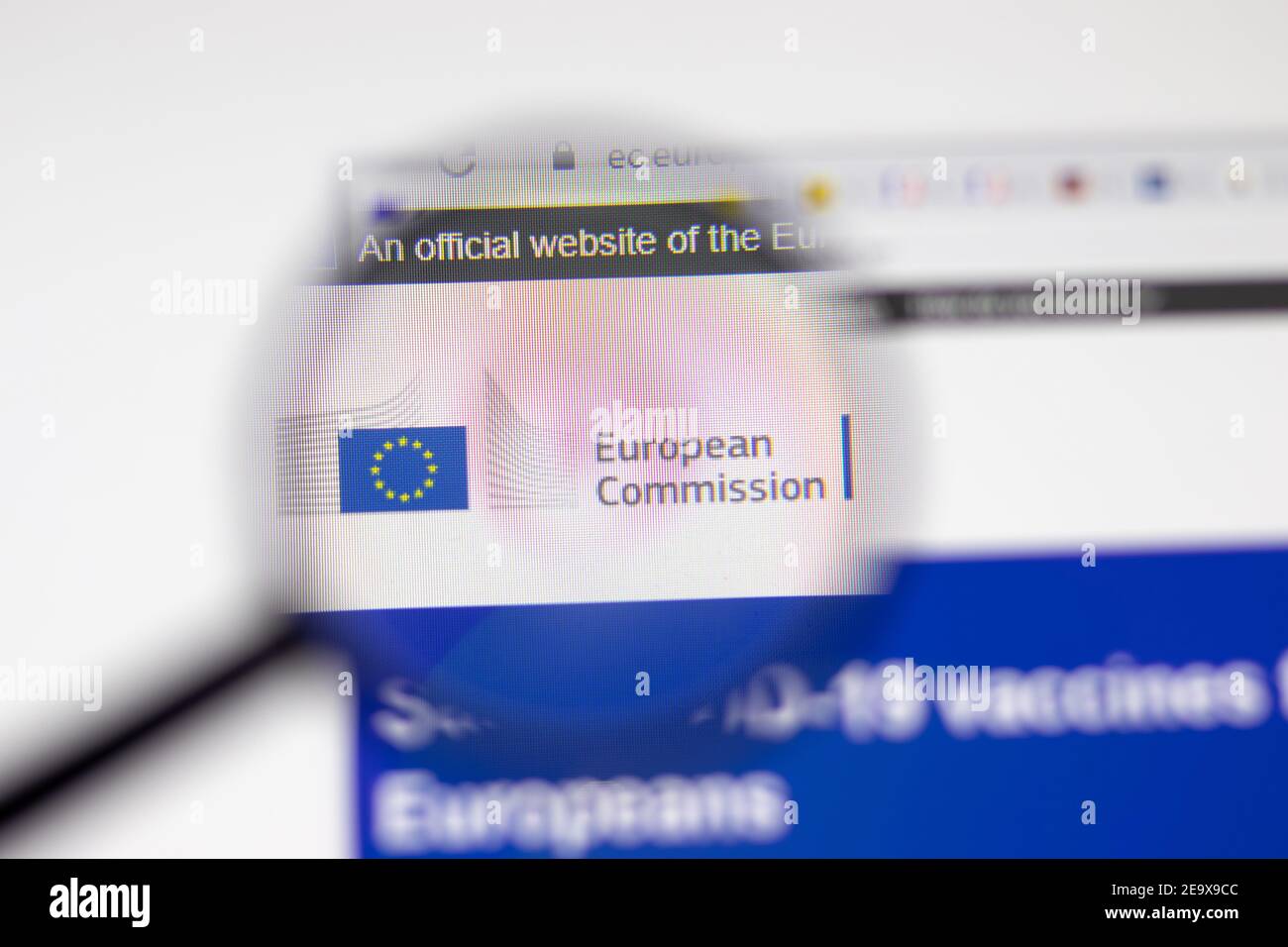 Los Angeles, USA - 1 February 2021: European Commission website page. Ec.europa.eu logo on display screen, Illustrative Editorial Stock Photo