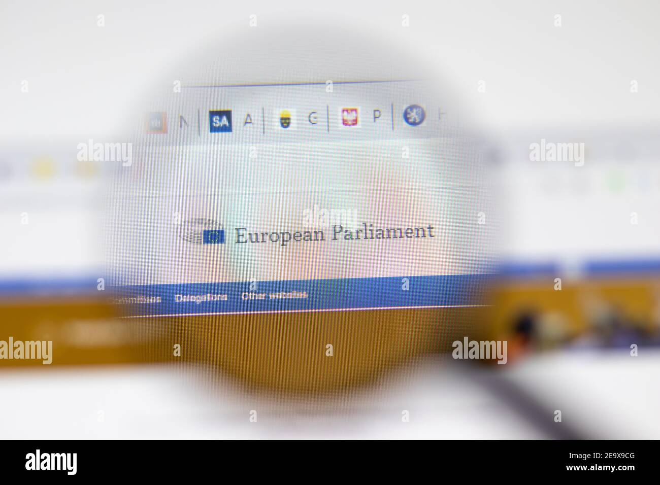 Los Angeles, USA - 1 February 2021: European Parliament website page. Europarl.europa.eu logo on display screen, Illustrative Editorial Stock Photo