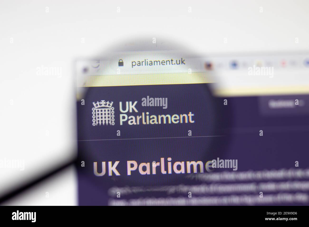 Los Angeles, USA - 1 February 2021: UK Parliament website page. Parliament.uk logo on display screen, Illustrative Editorial Stock Photo