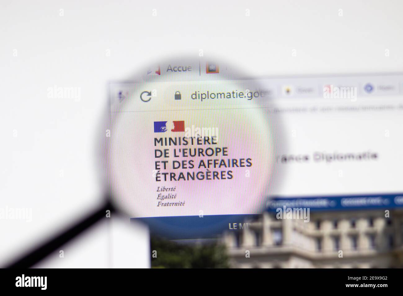 Los Angeles, USA - 1 February 2021: France Diplomacy website page. Diplomatie.gouv.fr logo on display screen, Illustrative Editorial Stock Photo
