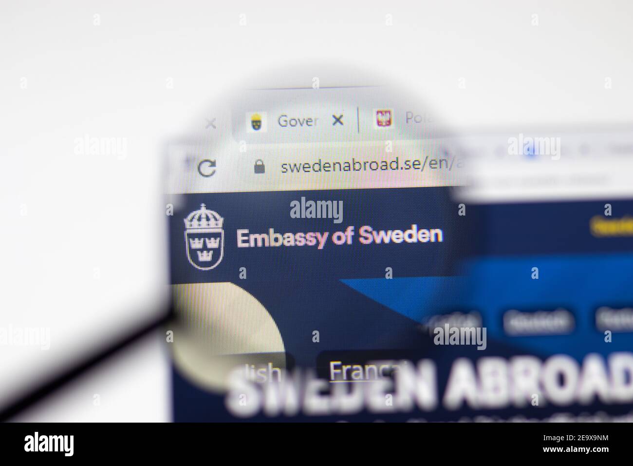 Los Angeles, USA - 1 February 2021: Embassy of Sweden website page. Swedenabroad.se logo on display screen, Illustrative Editorial Stock Photo
