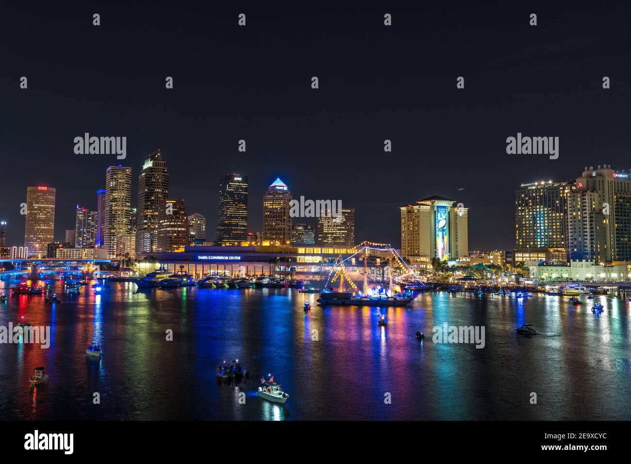 Atmosphere and signage in Tampa, FL on Feb. 5, 2021 ahead of Super Bowl LV between the Tampa Bay Buccaneers and the Kansas City Chiefs. (Photo by Doug Van Sant/Alive Coverage/Sipa USA) Stock Photo