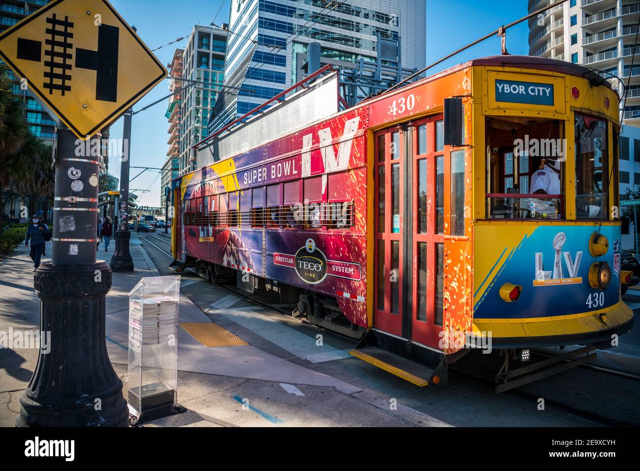 Atmosphere and signage in Tampa, FL on Feb. 5, 2021 ahead of Super Bowl LV between the Tampa Bay Buccaneers and the Kansas City Chiefs. (Photo by Chris Pearce/Alive Coverage/Sipa USA) Stock Photo