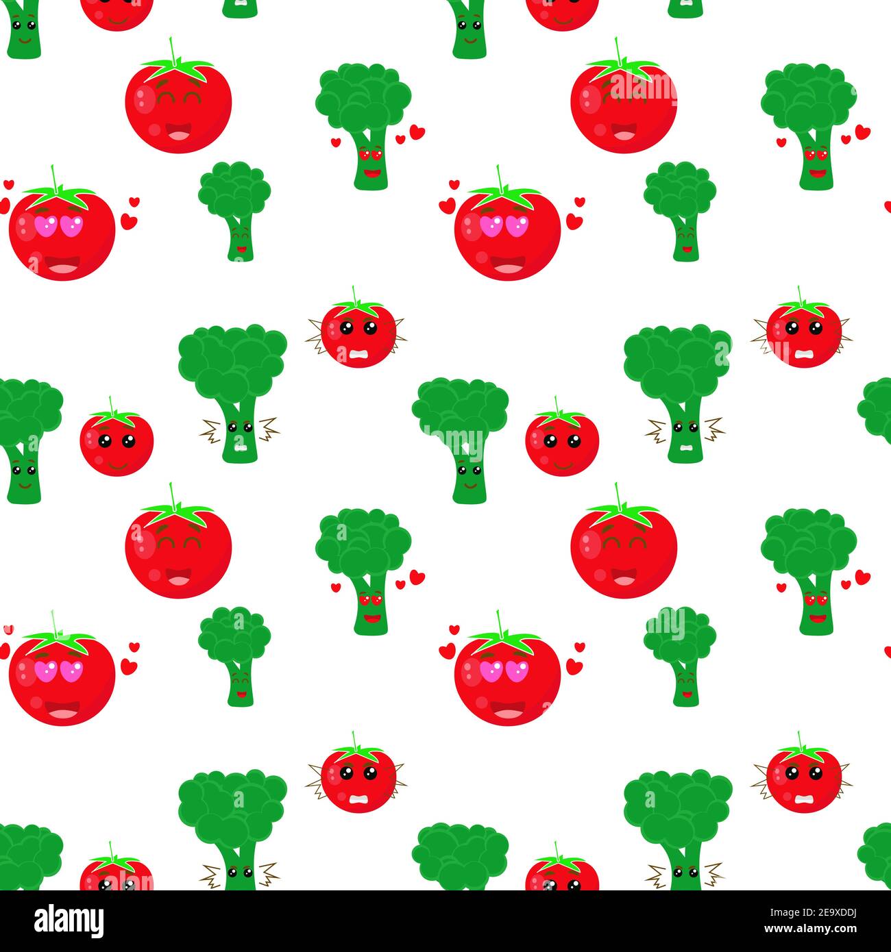 Seamless background with tomatoes and broccoli. Vector vegetables symbols, repeating pattern. Background for packaging, children s illustration. Stock Vector