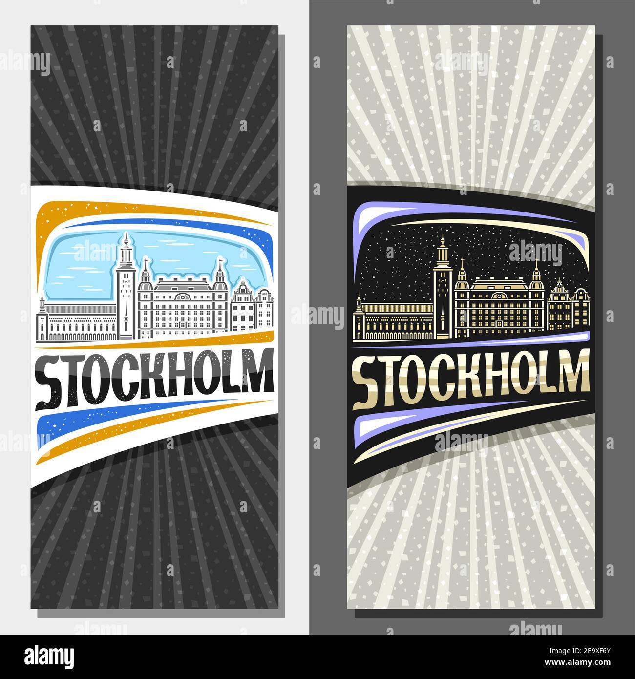 Vector vertical layouts for Stockholm, decorative leaflet with line illustration of stockholm city scape on day and dusk sky background, art design to Stock Vector
