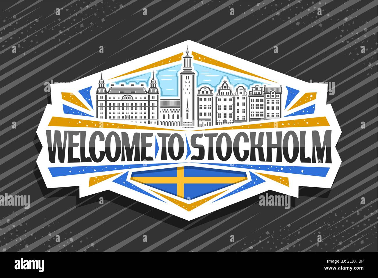 Vector logo for Stockholm, white decorative tag with line illustration of stockholm city scape on day sky background, art design fridge magnet with un Stock Vector