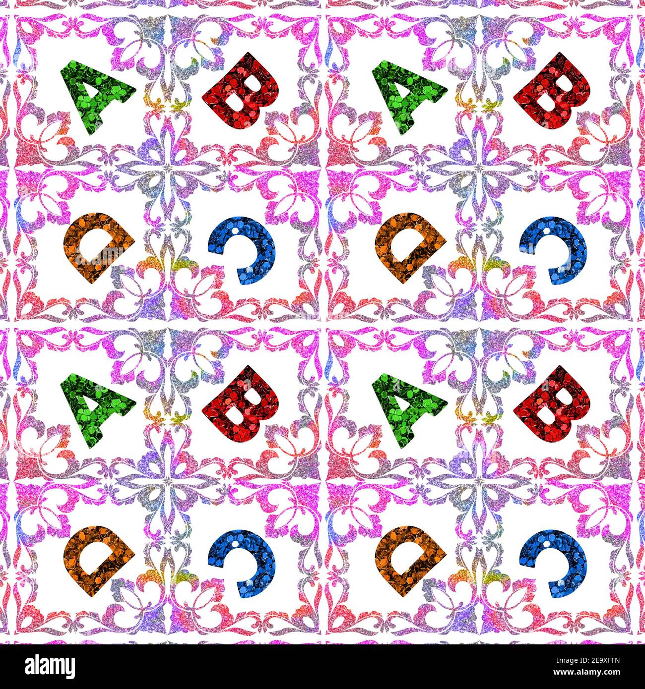 Seamless pattern of glitter filled letters inside frames with colorful ...