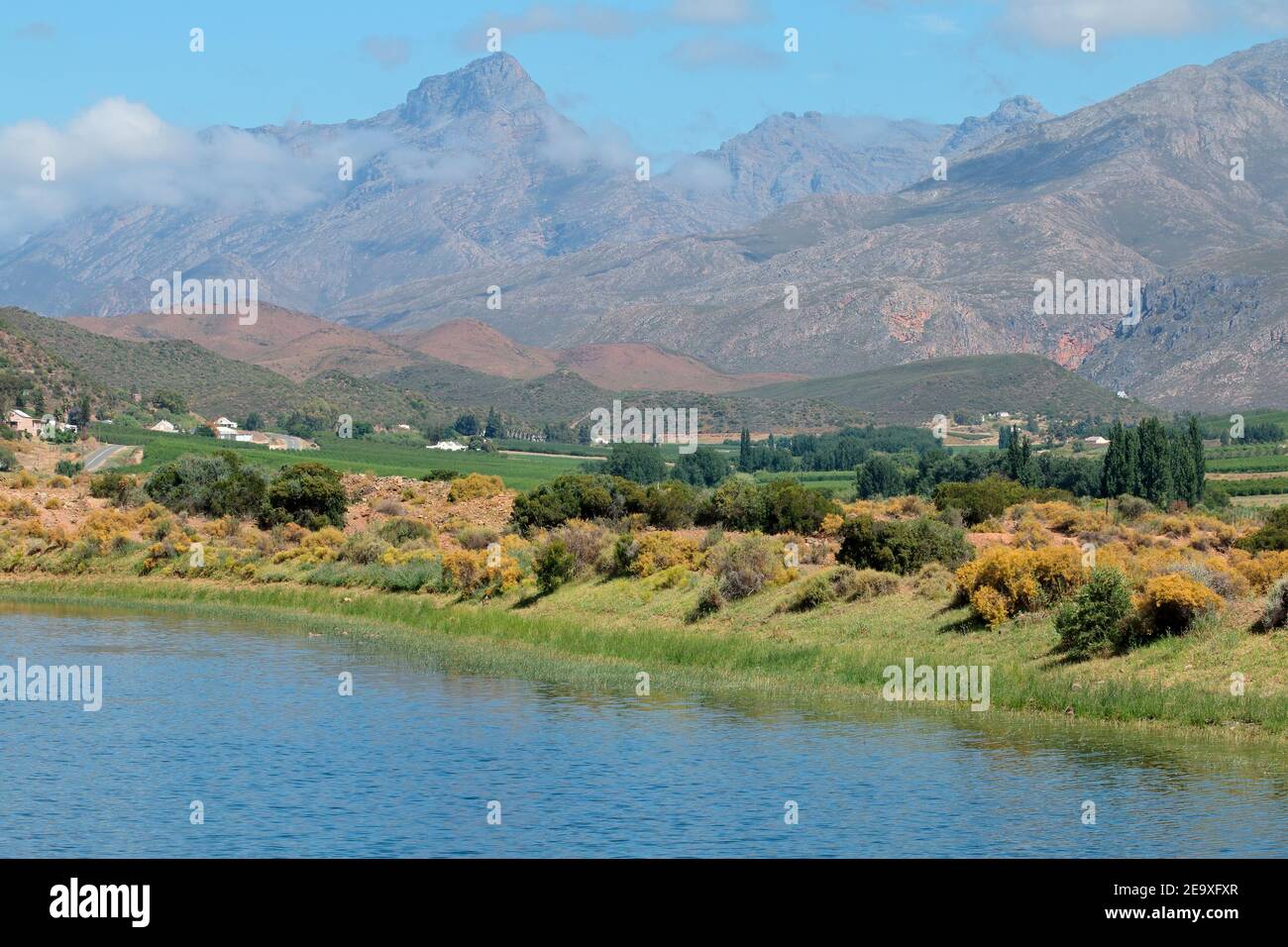 Rural landscape of farmland against a backdrop of mountains, Western Cape, South Africa Stock Photo