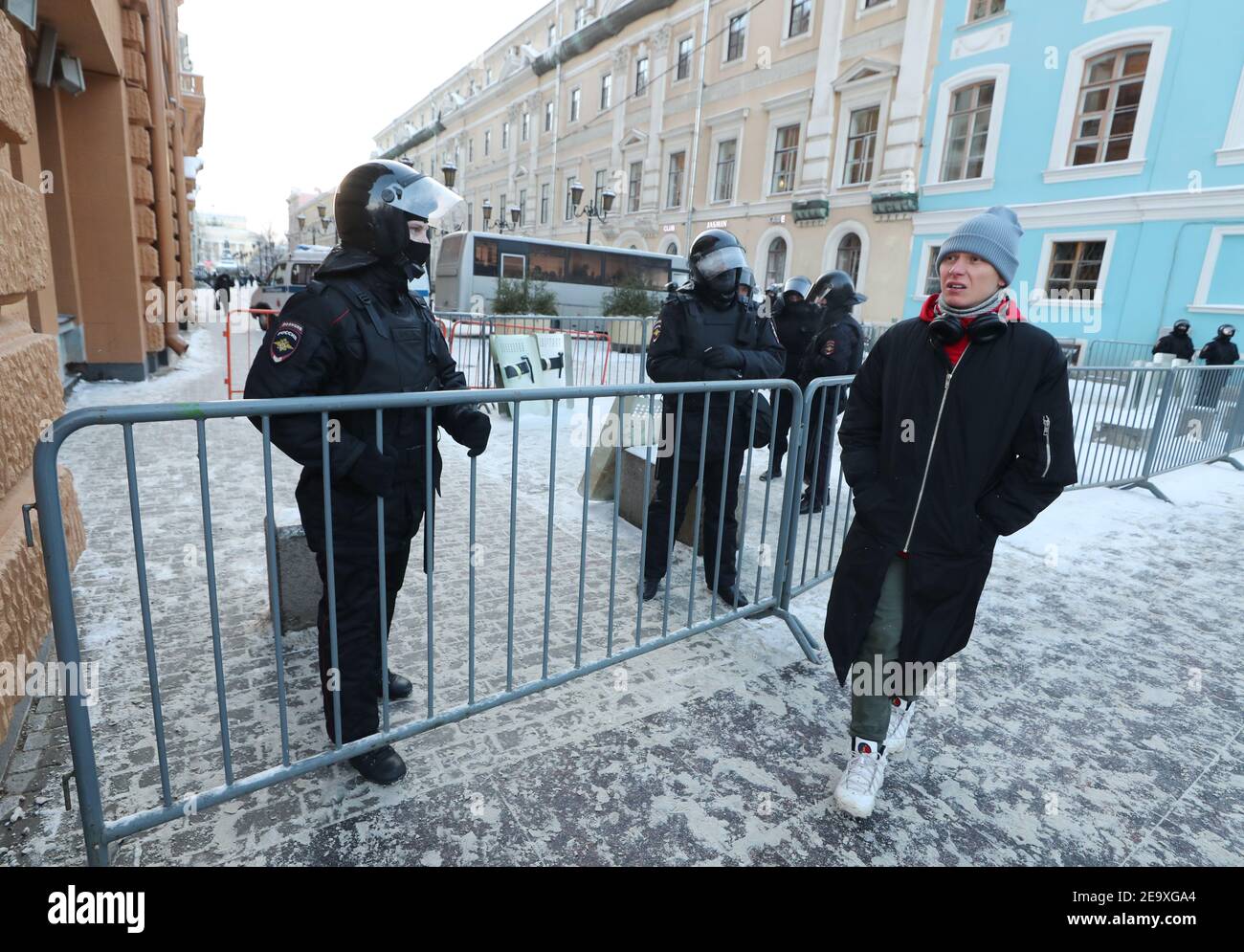 St Petersburg, Russia. 6th Feb, 2021. Police officers block Malaya Sadovaya  Street in central St Petersburg. Public transport in central St Petersburg  was restricted from 12:30 a.m. Moscow time on 6 February