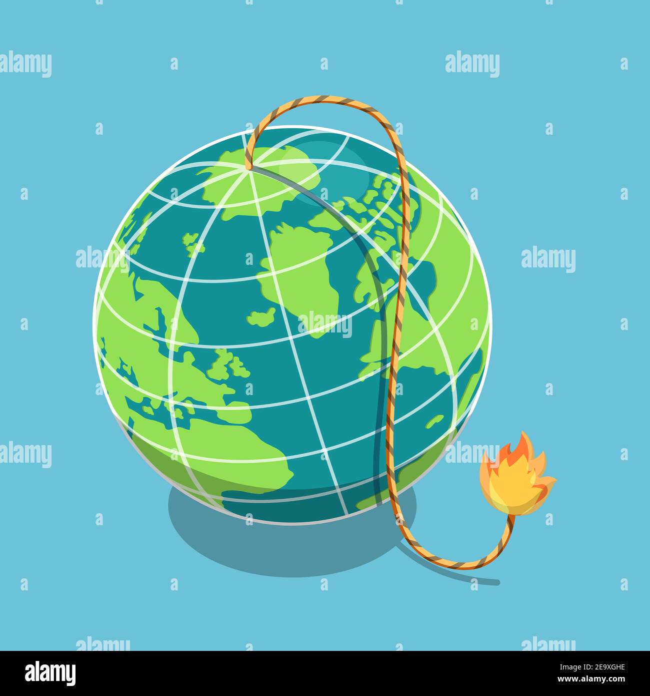 Flat 3d Isometric The Planet Earth with Burning Fuse. Global Catastrophe and World Economic Crisis Concept. Stock Vector