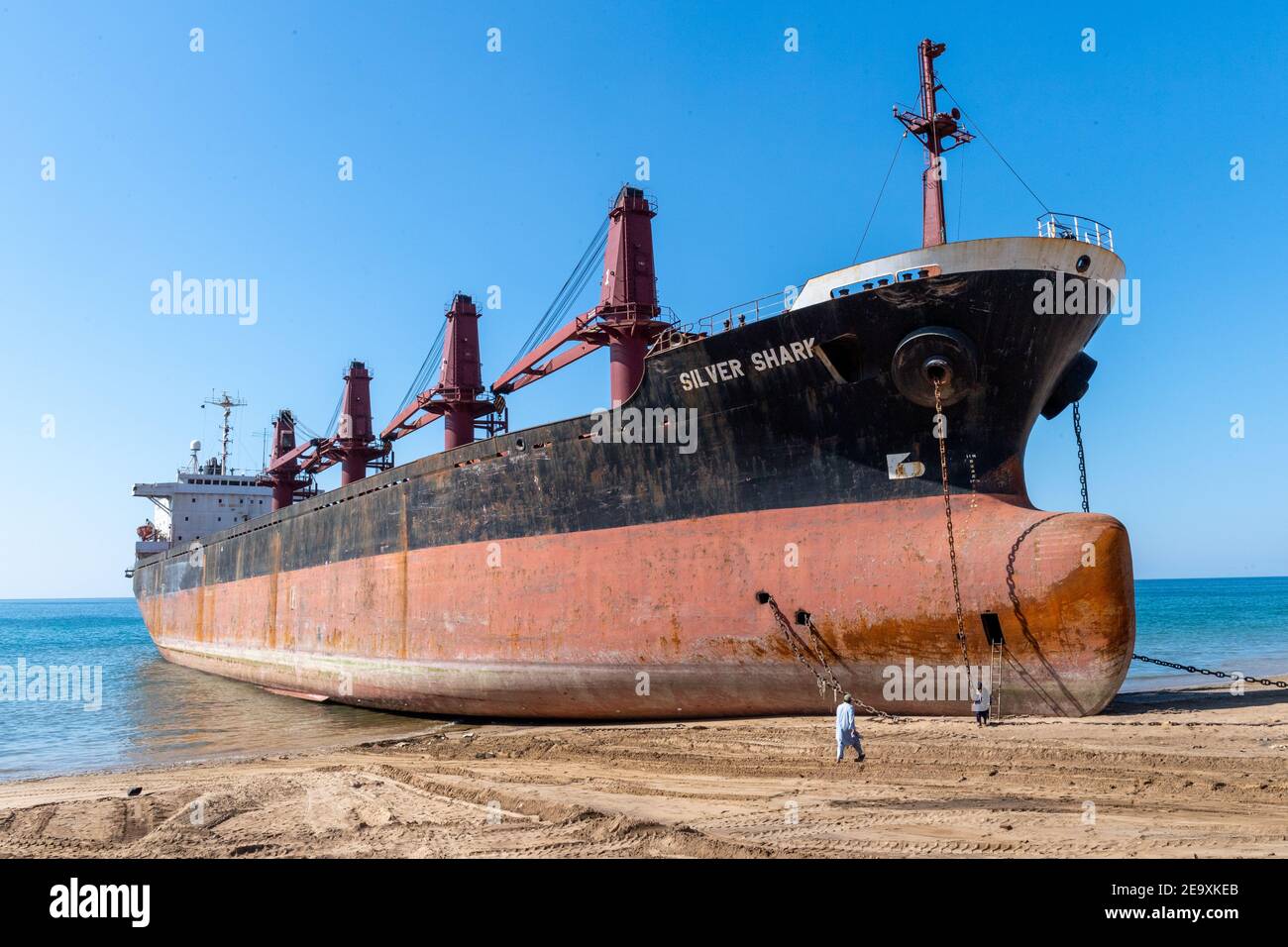 Ship being broken up at Gadani shipbreaking yard, located across a 10