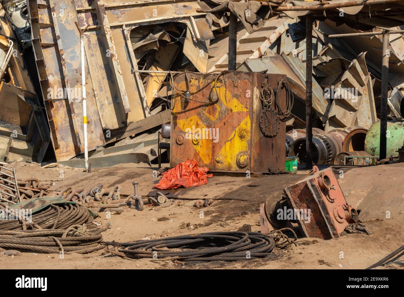 Metal scrap from broken up ship, Gadani ship-breaking yard, located across a 10 km long beachfront, Balochistan, Pakistan. Stock Photo