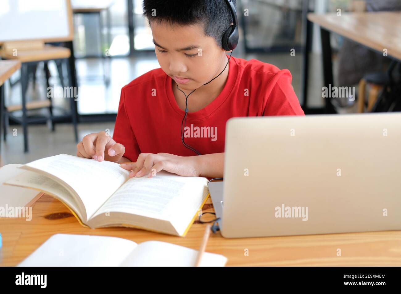 asian boy student studying learning lesson online. remote meeting ...