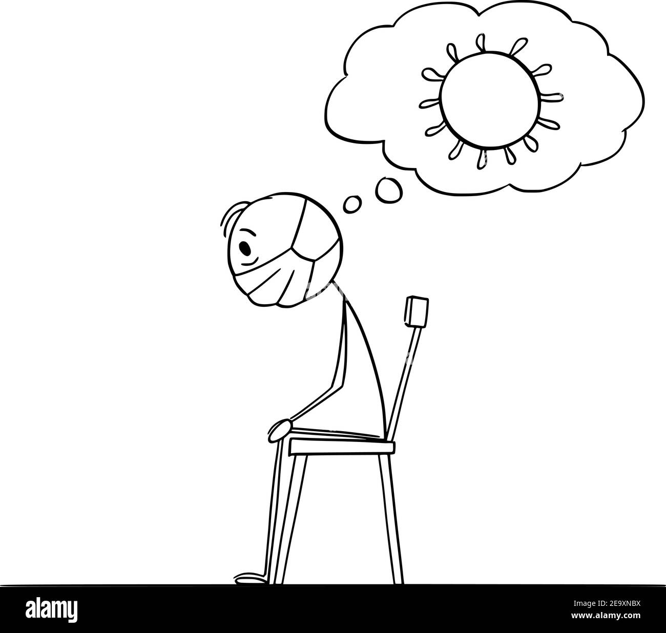 Frustrated man sitting on chair at home locked during covid-19 or coronavirus lockdown quarantine, vector cartoon stick figure or character illustration. Stock Vector