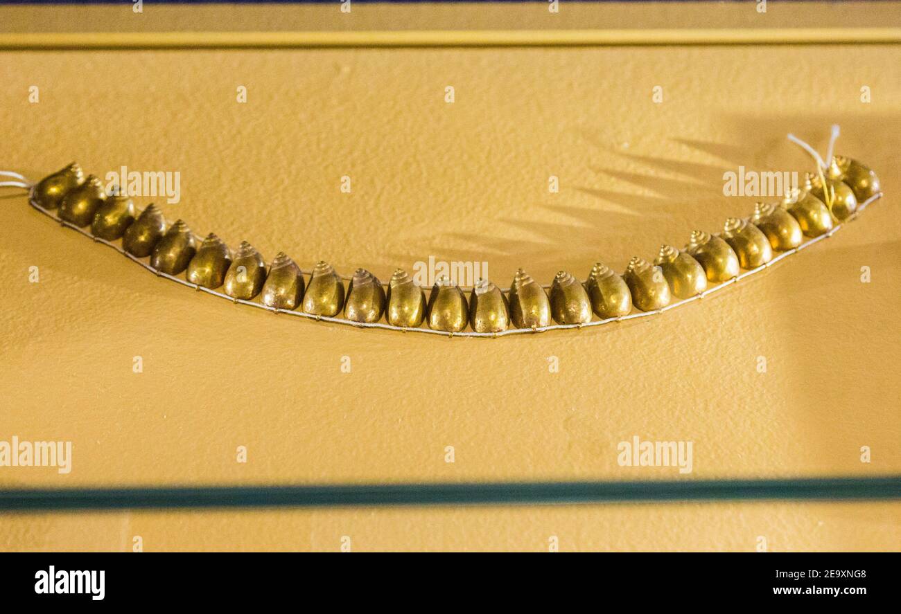 Egypt, Cairo, Egyptian Museum, collar with golden shells found  in a tomb of Nag el Deir,  first Dynasty. Stock Photo