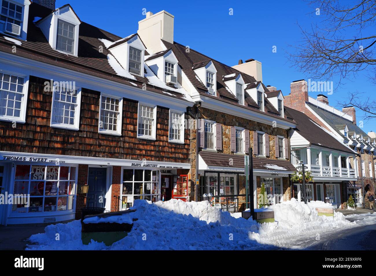 PRINCETON, NJ -4 FEB 2021- View of Palmer Square, a landmark square in downtown Princeton, New Jersey, United States, after a winter snow storm. Stock Photo