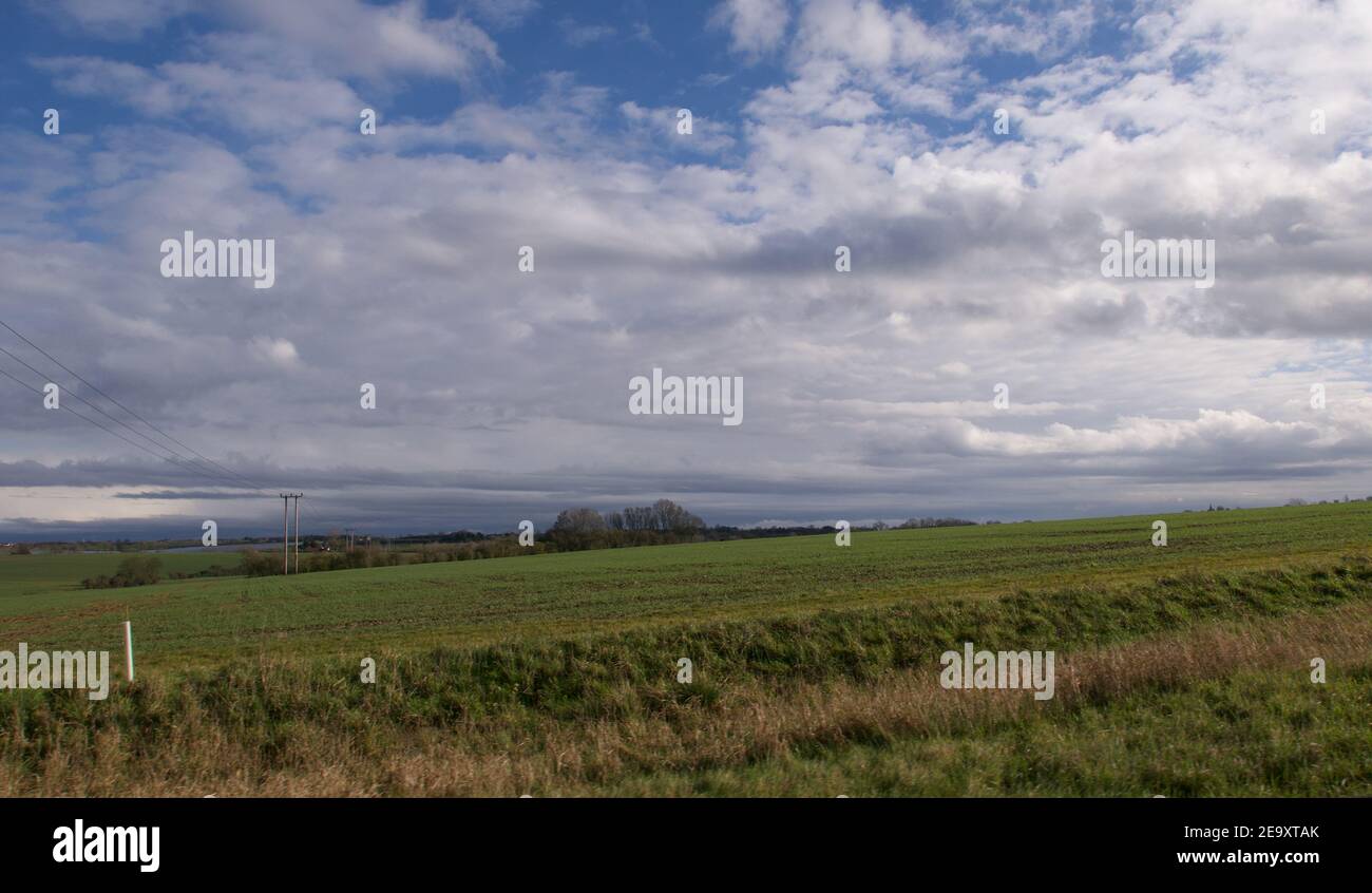 English country scene in winter showing green field and blue cloudy sky Stock Photo