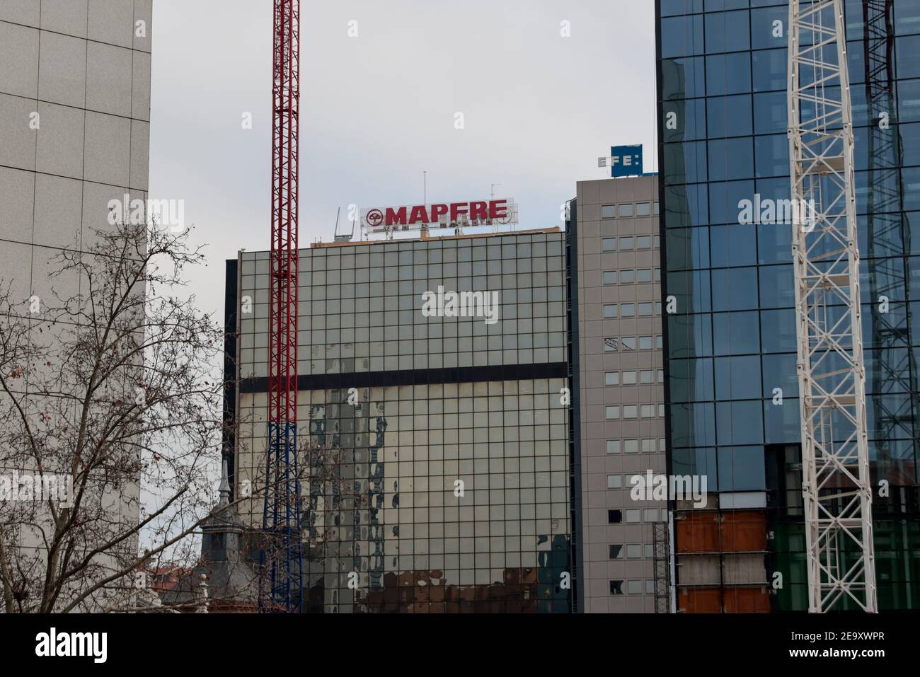 Logo of Spanish insurance company Mapfre on top of a corporate building in Madrid, Spain Stock