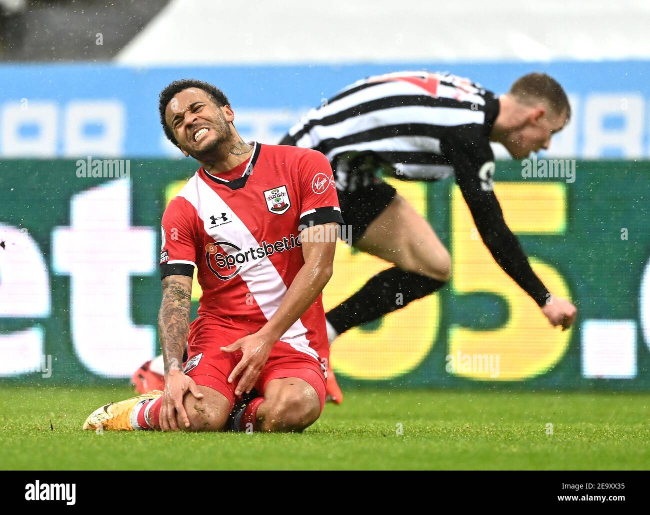 Southampton's Ryan Bertrand (left) is fouled by Newcastle United's Emil Krafth during the Premier League match at St James' Park, Newcastle upon Tyne. Picture date: Saturday February 6, 2021. Stock Photo
