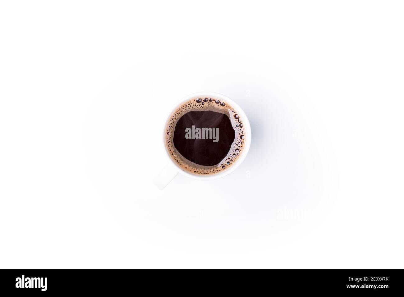 white cup full hot of coffee isolated on white background, from above