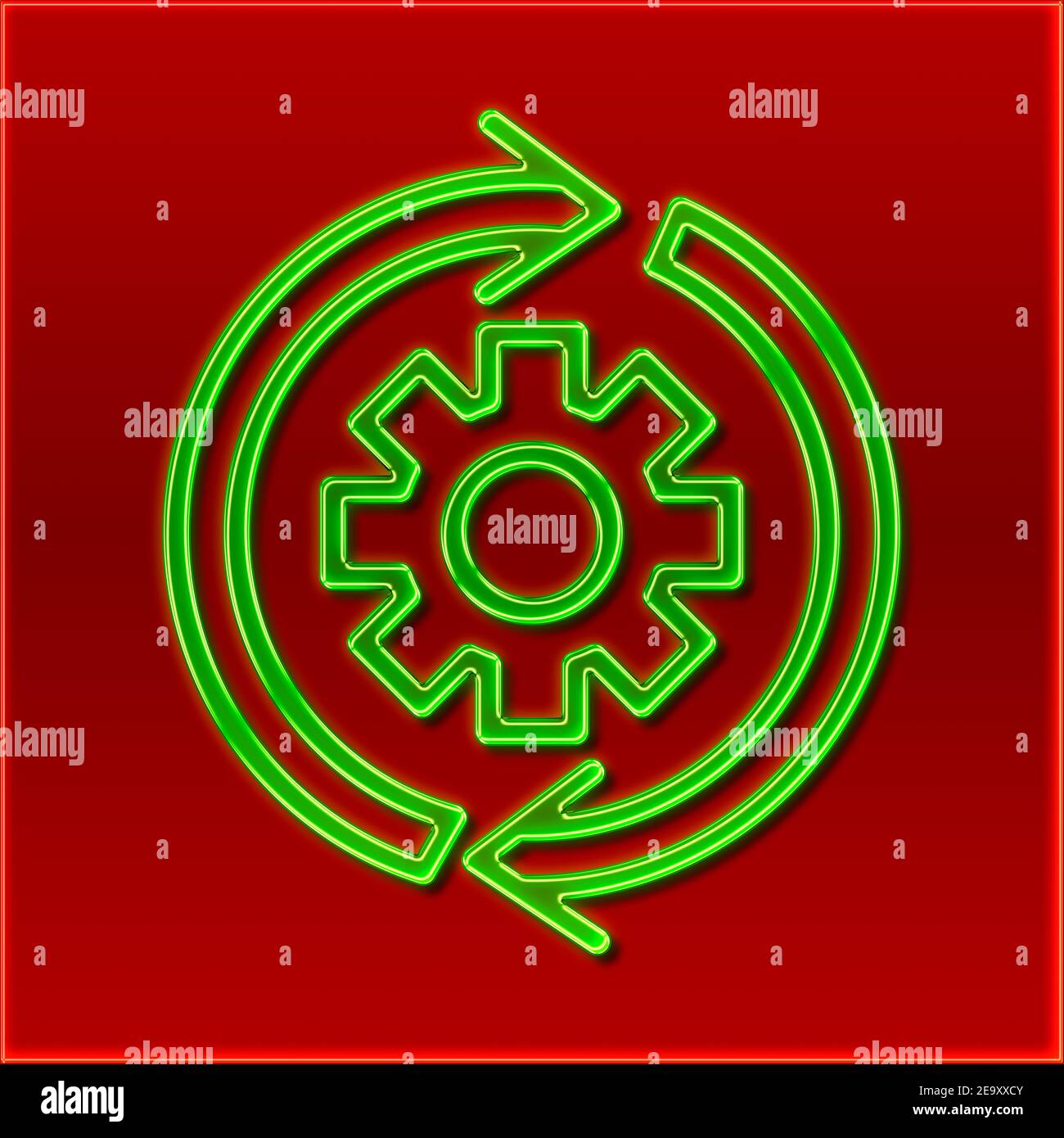 Detail view of a gear wheel with two round arrows around it, in the design of a neon sign Stock Photo