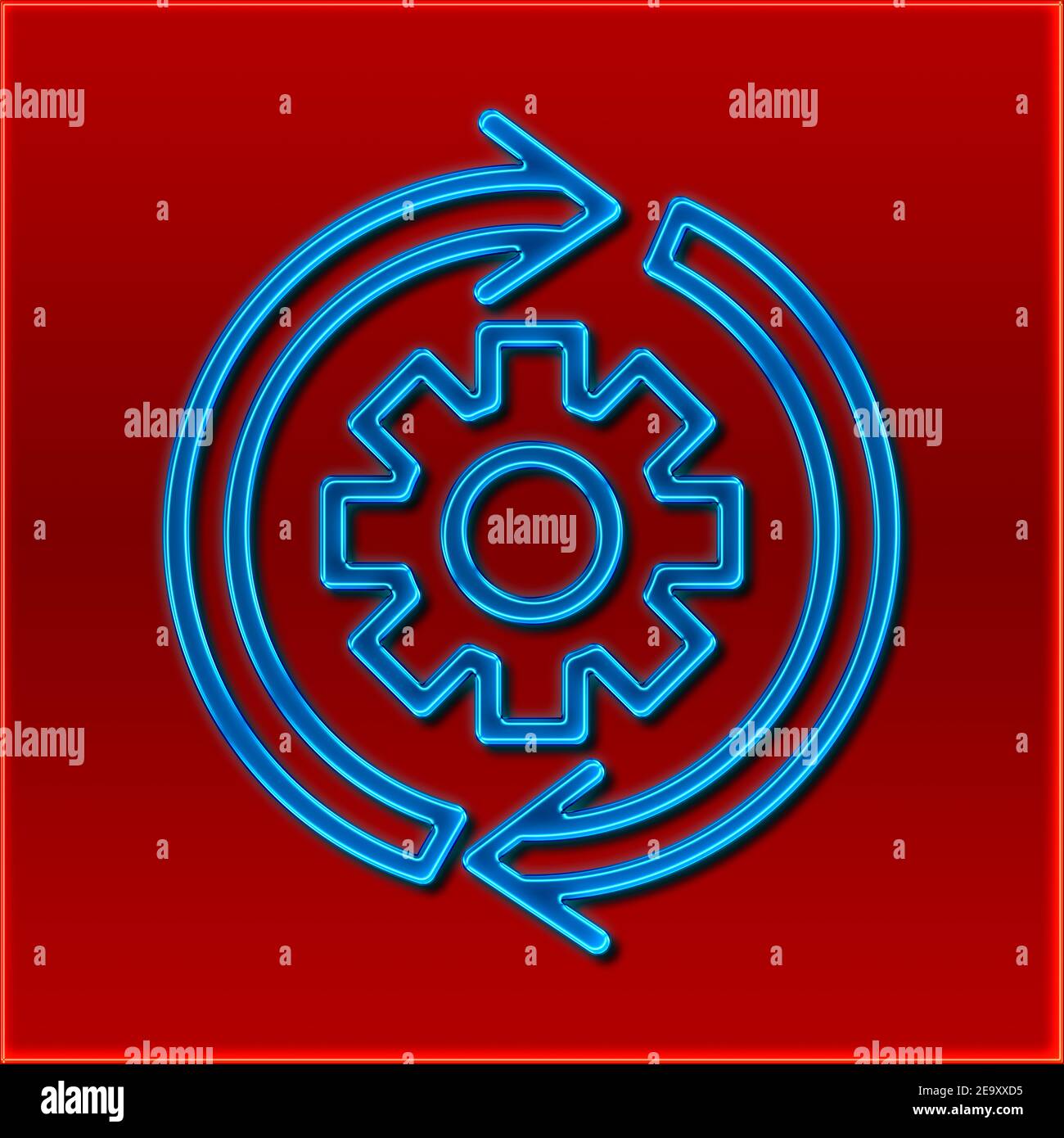 Detail view of a gear wheel with two round arrows around it, in the design of a neon sign Stock Photo