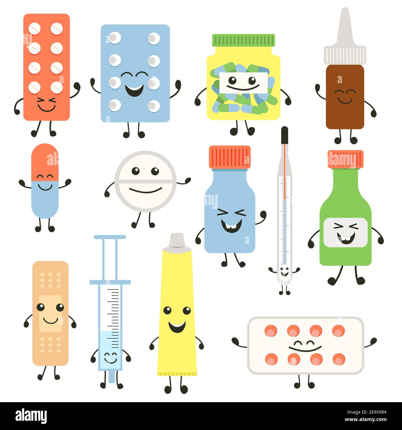 Funny medicine pills character set. Humor medical emoticons pills