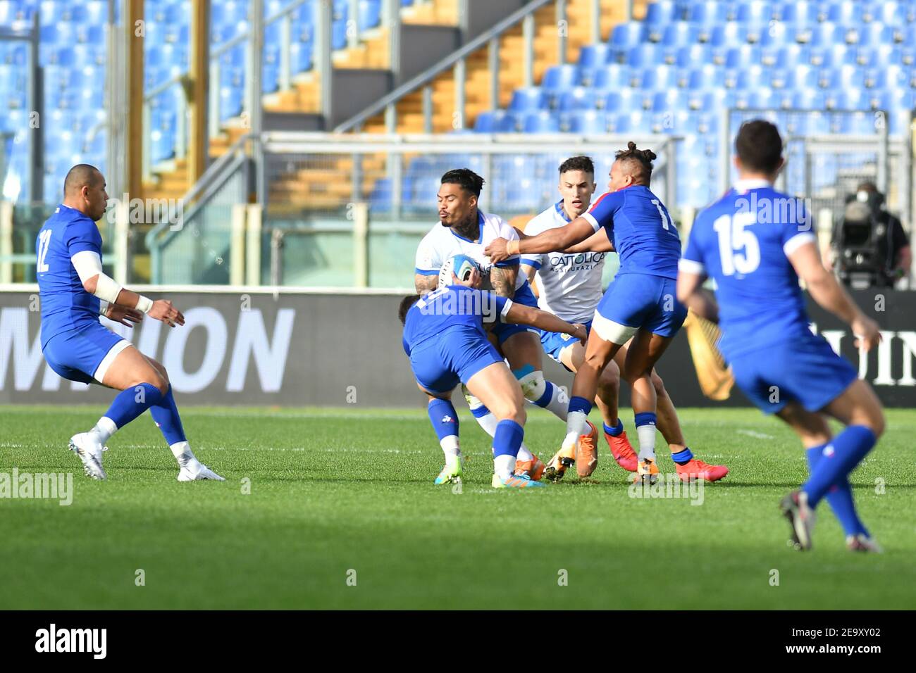 Rome, Italy. 6th Feb, 2021. Rome, Italy, Stadio Olimpico, February 06, 2021, Montanna Ioane (Italy) is tackled by Arthur Vincent (France) during Italy vs France - Rugby Six Nations match Credit: Carlo Cappuccitti/LPS/ZUMA Wire/Alamy Live News Stock Photo